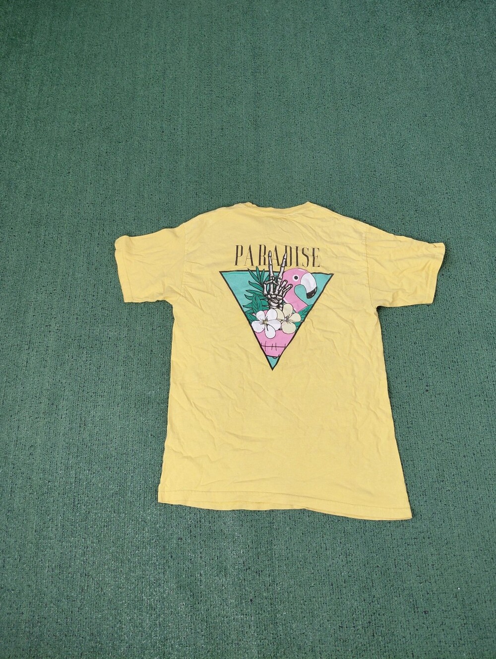 Paradise Skeleton Undead Flamingo Floral Streetwear Grunge Yellow T Shirt Sz Med
